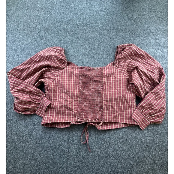 Levis Shirt Womens 1X Dark Red Plaid Shirred Cropped‎ Front Tie Smocked Top New - Picture 12 of 16